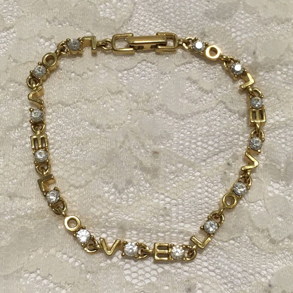 Vintage Gold Tone Bracelet LOVE letter Links Clear Rhinestones Snap Clasp 7in